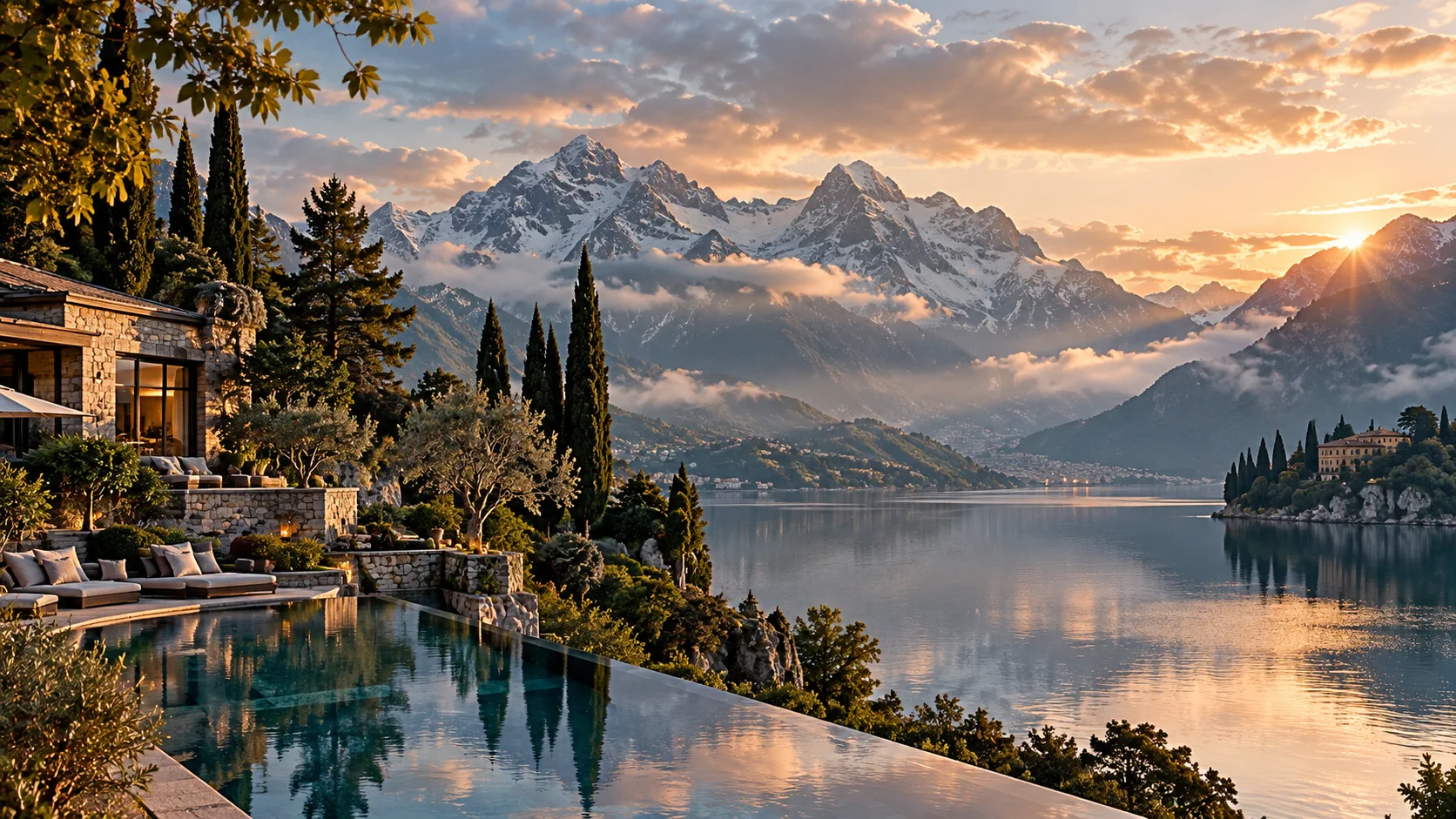 Serene alpine landscape at golden hour